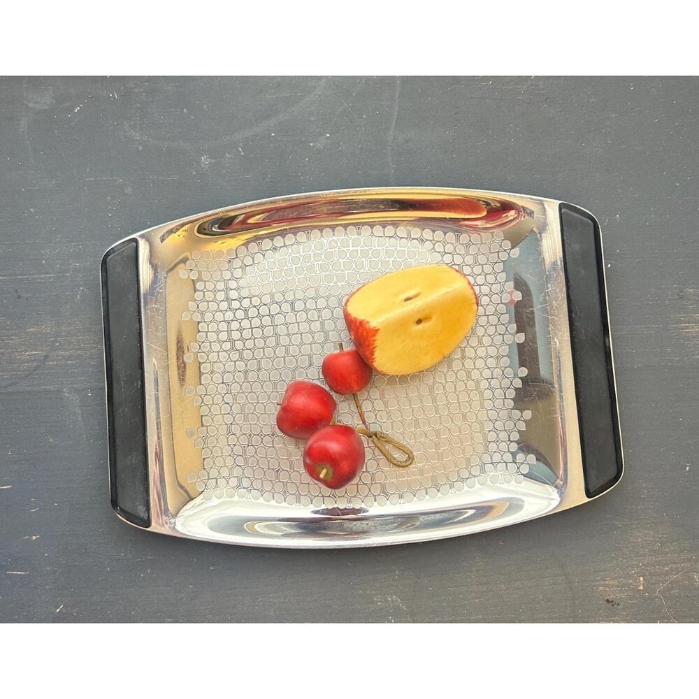 Vintage WMF Cromargan Decor-a Tear Drop Etched Steel Bowl Black Handles Germany